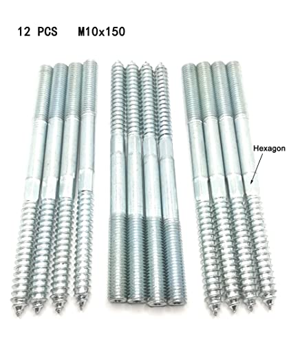 Image of Hanger Bolt M10x150 Silvery Double Headed Bolt Self-Tapping Screw with Hexagon for Furniture 12Pcs