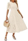 ZESICA Women's 2024 Summer Short Puff Sleeve Crewneck Smocked Floral Lace Flowy A Line Tiered Maxi Dresses,Beige,Medium