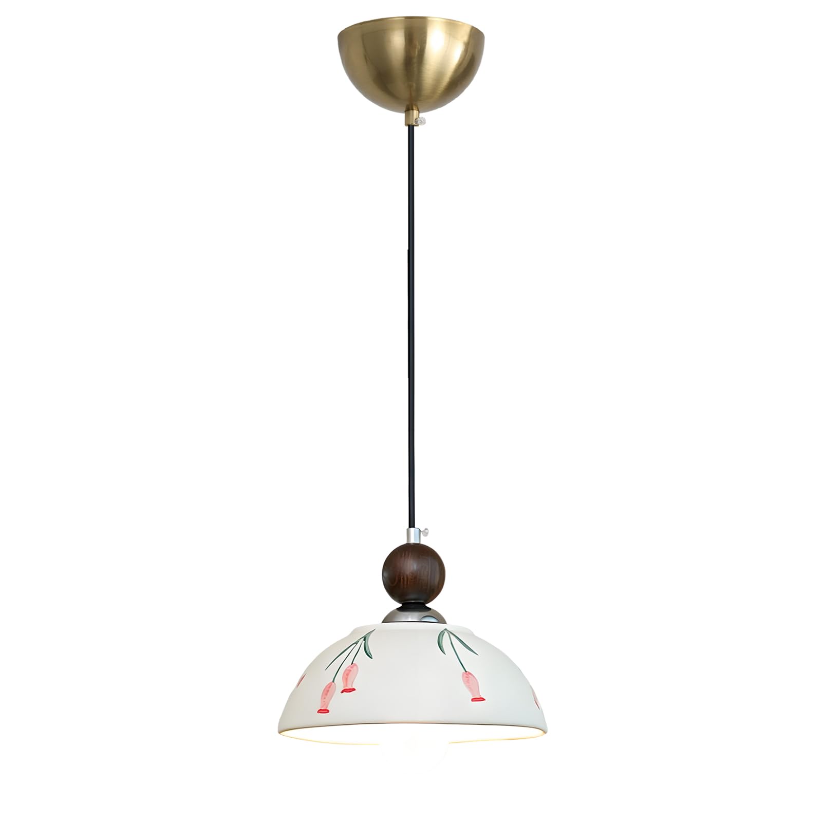 YNVIOZM 7.88" Modern White Ceramic Pendant Light Solid Wood Finish Hanging Light Mid Century Vintage Hanging Ceiling Lighting Fixture for Kitchen Island Dining Room Bedroom