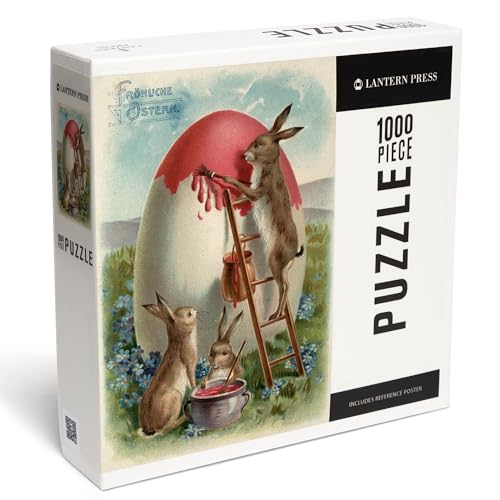 Lantern Press Easter Greetings in German, Rabbits Painting an Egg, Vintage Artwork 1000 Piece Jigsaw Puzzle for Adults, Made in USA with Reference Poster