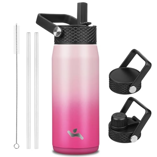 Image of Konokyo 20oz Insulated Stainless Steel Water Bottle with 3 Lids, Leakproof BPA-Free Bottle with Straw Lid, Sip Lid and Flex Cap for Gym, Travel, School, Office, Cherry Blossom