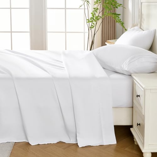 ROSE&RISY White Queen Sheet Set, 4 Pieces Soft Bedding Queen Sheet Set, Breathable and Cooling Sheets, Deep Pocket with 1 Fitted, 1 Flat, 2 Pillow Cases (White, Queen Size) by ROSE&RISY - Used condition - Image 3