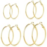 4/6 Pairs Gold Silver Hoop Earrings for Women 14K Gold Plated Hypoallergenic 2mm Thin Hoops Stainless Steel Lightweight Dangle Set 30/40/50/60mm