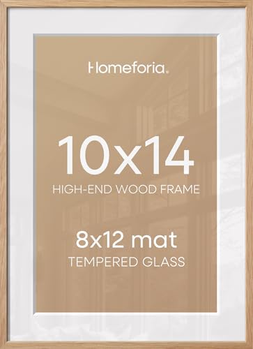 Image of Homeforia 10x14 Natural Oak Picture Frame, High-End Wood, 8x12 Mat, Glass | High End Solid Oak Wood, Tempered Glass, Acid-Free 8x12 Removable Mat, 10x14 Edge-to-Edge Display 14x10, Wall Kit, Set Of 2