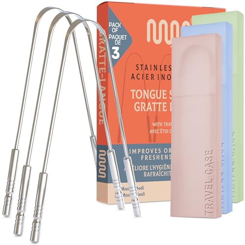 MasterMedi Tongue Scraper for Adults, 100% Stainless Steel Scrubber for Bad Breath, Easy to Use, Tongue Cleaner for Oral Care & Hygiene Set of 3 (with Travel Case)
