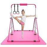 Sportsroyals Gymnastics Bar for Kids,Adjustable Height Gymnastic Horizontal Bars,Folding Gymnastic Junior Training Kip Bar for Home, Pink (Pink+mat)