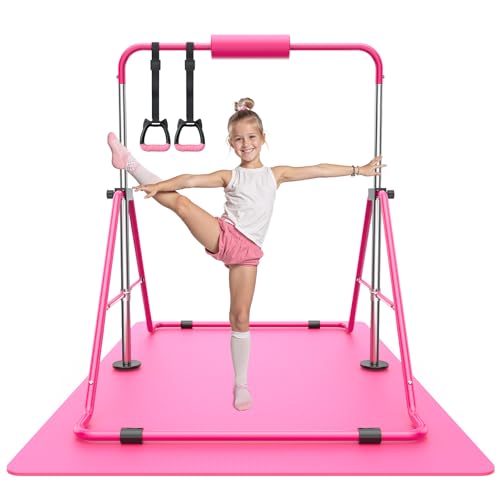Sportsroyals Gymnastics Bar for Kids,Adjustable Height Gymnastic Horizontal Bars,Folding Gymnastic Junior Training Kip Bar for Home, Pink (Pink+mat)