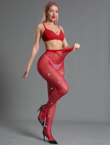 Image of CHRLEISURE Women's Sparkle Rhinestone Fishnets, Sexy Sparkly Glitter Party Concert Outfit Fishnet Stockings