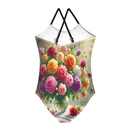Roses Window Flowers Girls Swimsuit Bathing Suit One Piece Swimsuits Summer Beach Swimwear2