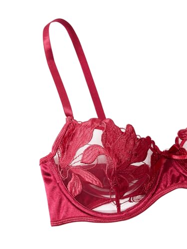 Image of Lilosy Sexy Leaf Floral Embroidered Mesh Sheer Women Underwire Push Up Lingerie Set