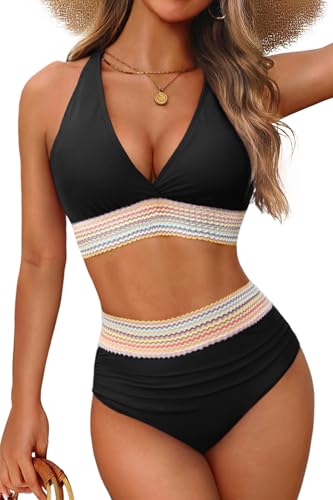 Women Tummy Control Two Piece Swimsuit - High Waisted Bathing Suit Halter Bikini Set Push Up Swimwear 2025