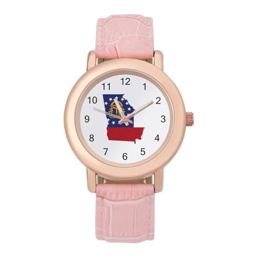 Georgia State Flag Map Wrist Watches for Women Pink Leather Band Watch Fashion Three-Hand Watch Gift for Ladies