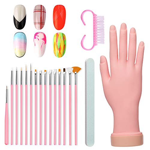 Buqikma Nail Art Training Hand Kit with 15Pcs Nail Painting Brush & Nail file and Dust Brush Flexible Soft Nail Manicure Model for Beginners (Right Hand)