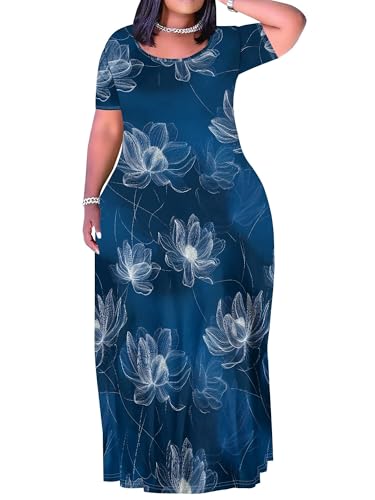 Image of PinkPatty Women's Plus Size Maxi Dresses Short Sleeve Sundress Summer T-Shirt Beach Long Dress with Pockets