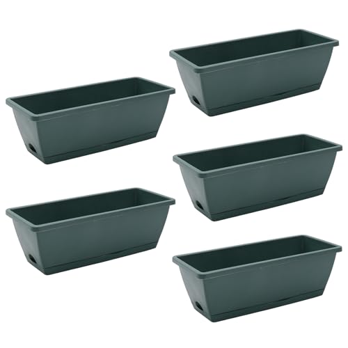 DKIEI 5 Pcs Large Flower Planter Outdoor Plastic Vegetable Plant Pot With Drainage Holes & Tray, Rectangle Trough Planters, Window Long Pots For Garden (Green 42.5 * 17 * 15Cm)