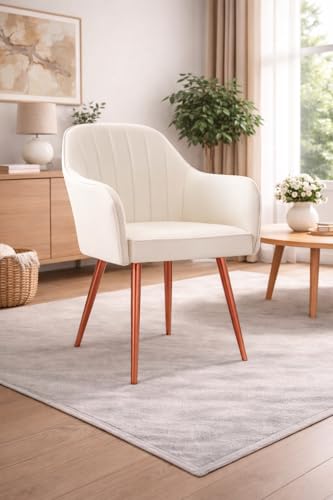 Image of Plush Dining Chair | Accent Chair for Living Room Bedroom Restuarant | Velvet Fabric & Thick Cushion Seat with Sturdy Glossy Metal Legs (Bronze Legs, White)