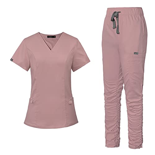 niaahinn Medical Uniform Scrub Set for Women Classic V-neck Scrub Top with Pocket & Jogger Scrub Pants (Pink,XS,X-Small)