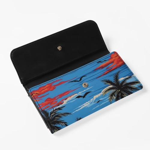 Image of AFPANQZ Leather Wallets for Women Clutch Card Slots Phone Holder Trifold Purses Card, Seaside Palm Large Capacity Card Key Cash Storage Bags Zipper Handbag