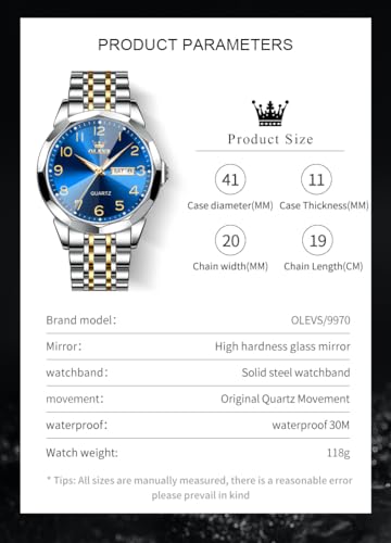 OLEVS Men's Watch Luxury Business Dress Watch UK Diamond Design Quartz Stainless Steel Waterproof Luminous Week Calendar Gift