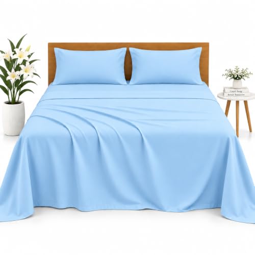 Image of Microfiber Queen Size Bedsheet with 2 Pillow Covers | Ultra Soft & Breathable Flat Sheet | Wrinkle-Resistant, Premium Comfort for Everyday Use |Size (90 inch x 102 inch) Light Blue