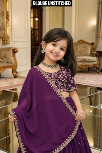 Image of Kids Chiffon Lehenga Choli, Embroidered Elephant and Floral Print, Festive Ethnic Wear with Dupatta