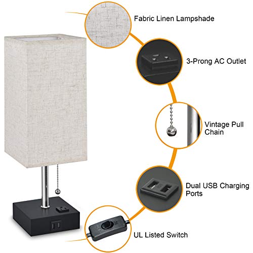 Hansang Usb Bedside Table Lamps For Bedroom Daylight,Modern Nightstand Lamp With Charging Ports Ac Outlet, Decoration Cuboid Fabric Linen Lampshade With Pull Chain,E26 Base Light Bulb Included #TOP4