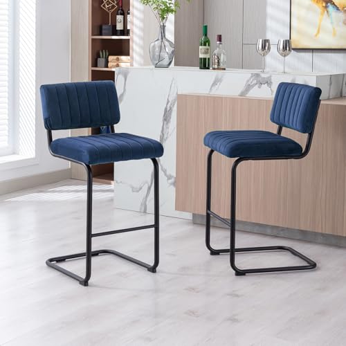 Image of ONEVOG 24 Inch Counter Bar Stools Set of 2, Mid-Century Modern Counter Height Cantilever Bar Chairs for Kitchen Island, Upholstered Velvet Fabric Barstools with Back and Matte Metal Legs, Navy Blue