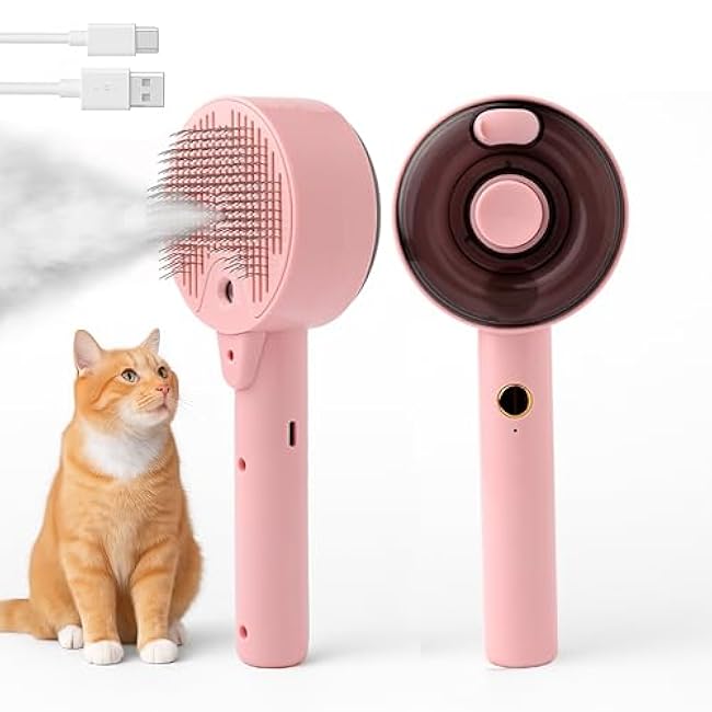 Cat Brush with Steam for Shedding & Grooming ¨C Self Cleaning Deshedding Comb with Dual Mist Spray, Blue Light & 140¡ã Curved Bristles ¨C For Long-Haired Cats & Small Dogs-9BOreVl7