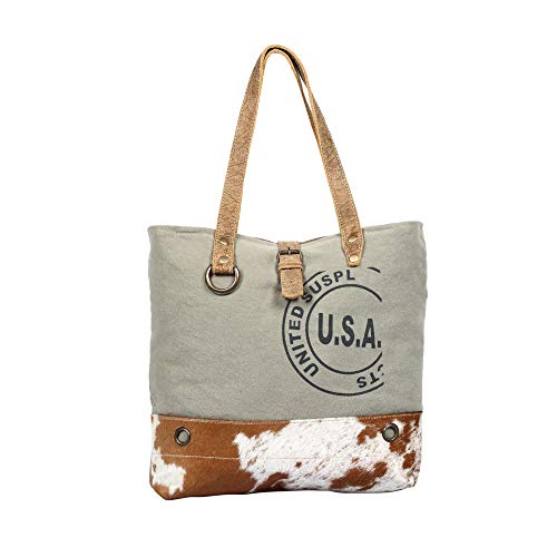 USA Stamp Upcycled Canvas and Hair-On Leather Tote Bag