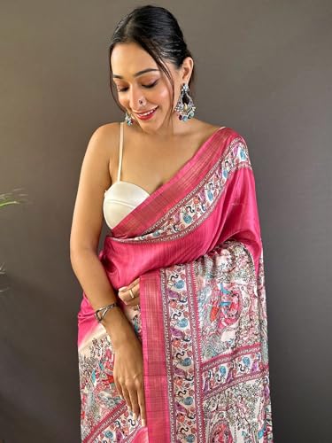 Image of Panzora Women's Tussar Silk Madhubani Printed Saree With Unstitched Blouse Piece
