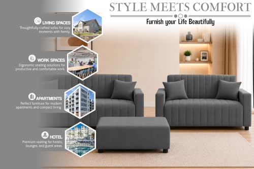 Image of Rosebell 3+2 Fabric Sofa Set with Ottoman | Premium Upholstery 5 Seater Sofa | with Printed Cushions | Living Room Furniture | - Grey Color