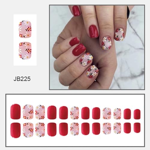Image of Red Press on Nails Short Square Fake Nails Flower False Nails with Design Colorful Floral Stick on Nails Full Cover Glossy Acrylic Nails with Nail Glue Cute Artificial Nails for Women Manicure 24Pcs
