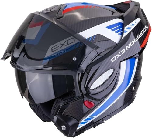 Scorpion Casque MODULABLE 180° EXO-Tech Evo Carbon Solid Cosy Noir Bleu Rouge (M)