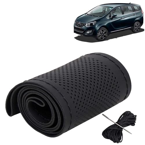 Image of KINGSWAY PU Leatherite Car Steering Cover Sewable Compatible with Mahindra Marazzo (Year 2018 Onwards), Black Color with Black Thread, Pack of 1 with Sewing Needle and Thread
