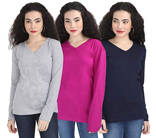 Image of FLEXIMAA Women's Cotton Plain V Neck Full Sleeve T-Shirt