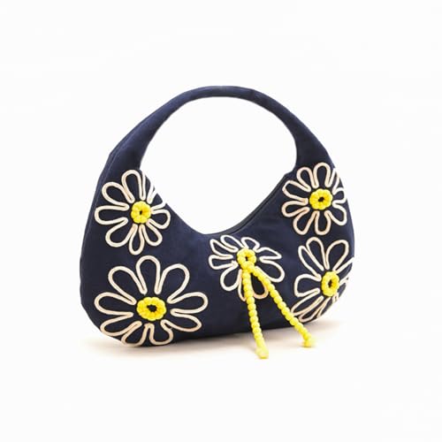 Image of Boho Girl Indigo Blossom Tote Bag - Navy Blue Floral Handbag for Women with Embroidered Flowers, Padded Handle & Ribbon Detail - Chic Shoulder Bag for Travel, Brunch