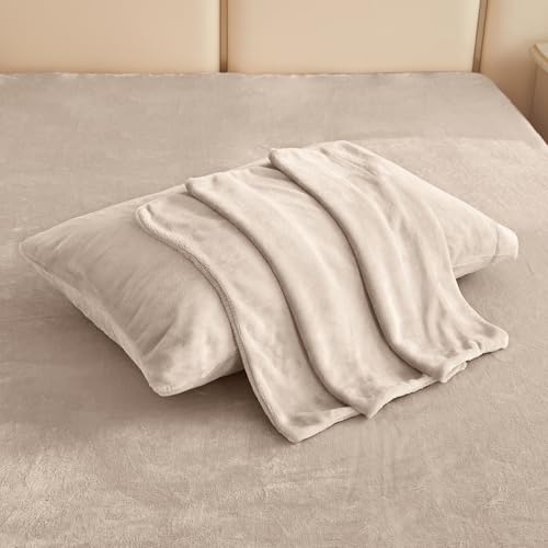 Image of Viviland Plush Micro Fleece Bed Sheet Set - Soft Fuzzy Polar Fleece Velour Velvet Sheets - Extra Warm Winter Fleece Bed Sheets with 15 inch Deep Pocket - Sand /Beige - King | Soft Flannel-like Fleece, 100% Polyester, Fluffy Velvety Feel, 200GSM, 15 inch Deep Pocket, Warm Winter Gift & Decor
