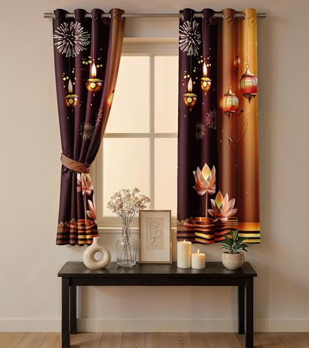Image of Ultimate Trends Festival Themed Light Filtering Polyester Curtain Diya, Lantern, Lotus & Fireworks Print | Ideal for Diwali, Pooja Room, Living Room Dcor | Eyelets|, 9 FEET (Pack of 1)
