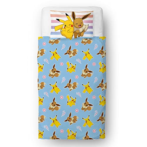 Pokemon Officially Licensed Single Kids Duvet Cover Set | Pikachu Group Design Reversible 2 Sided Bedding with Matching Pillowcase | Character World Brands Single Bed Set | Polycotton