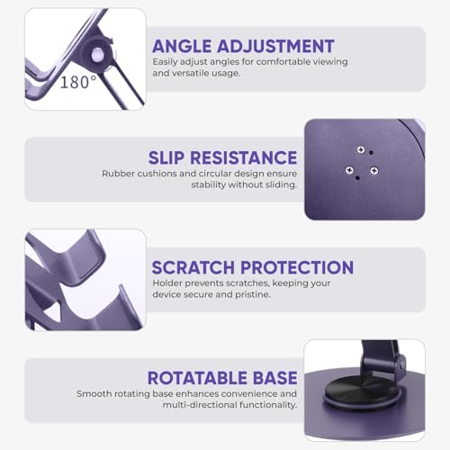 Image of DeskPro K5 360 Rotating Adjustable Metal Mobile Stand | Foldable Metal Phone Holder with Anti-Slip Base | Universal Compatibility for Smartphones (Purple)