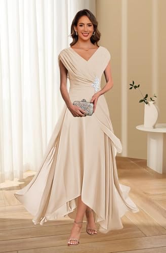 Lace Applique Chiffon Mother of The Bride Dresses Cap Sleeves Evening Gown V Neck Formal Dress for Wedding QA2132