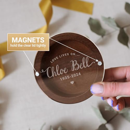 Image of Personalized Keepsake for Bereavement Gift, Lock of Hair Memorial, Sympathy Gift for Loss of Mother, Grandmother, Dad, Daughter, Son, Mom, Clear Lid (Dark Wood Round)