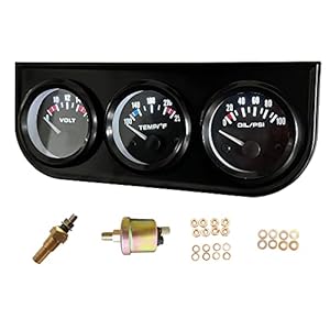 52mm 3 in1 Car Meter Auto Gauge Kit(8-16V Volt Meter +100-250℉ Water Temperature Gauge+ 0-100 psi Oil Pressure Meter) Triple Auto Dashboard Gauge Set with Black Console for 12V Cars