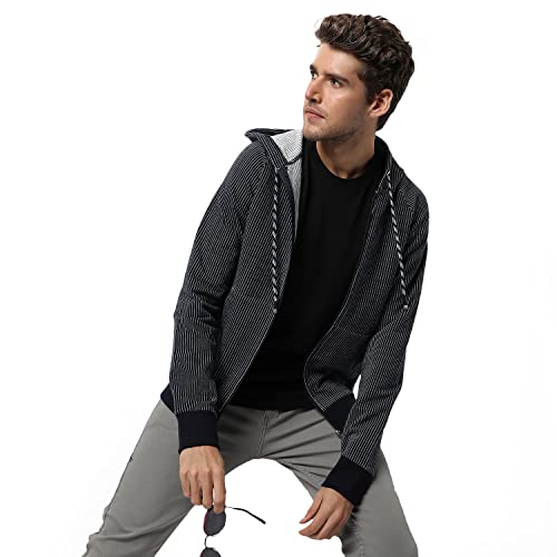 Image of CAHOOT Men's Dark Blue Zip-Front Hoodie with Contrast Drawstring for Casual Wear | Long Sleeve | Hooded Neck | Zipper Closure | Cotton Sweatshirt Crafted with Comfort Fit for Everyday Wear