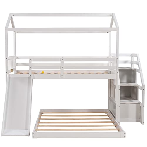 Harper & Bright Designs House Bunk Beds With Slide And Stairs Twin Over Full Bunk Bed Wood Playhouse Low Bunk Bed For Kids Girls Boys Teens, White #TOP7