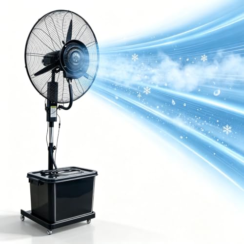 Lsoiup Mantente Fresco – Ventilador Nebulizador 42L – 3 Velocidades, Swing 90°, Altura Ajustable, Solución Portátil para Talleres, Fábricas, Eventos al Aire Libre(⌀81cm)