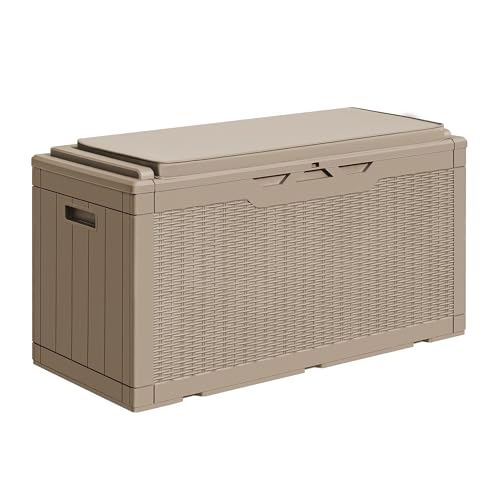 Image of Greesum 100 Gallon Resin Deck Box Outdoor Storage with Cushion, Coffee