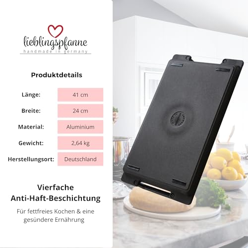 Lieblingspfanne Grillplatte BBQ 41x24 cm I mit Seitengriffen & 4-fach-Antihaftbeschichtung I aus Aluminium Guss für alle Herdarten inkl. Induktion & Gasgrill