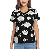 PQruop Camiseta de manga corta con cuello en V para mujer, ligera, informal, de verano, con estampado de margaritas, Negro, XXL