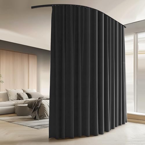 Image of Room Divider Curtains with Ceiling Curtain Track Set Window Curtain for Bedroom,Living Room Total Blackout Thermal Insulated Privacy Ceiling Track Curtain W 15 x H 9 FT Black drape&Black track